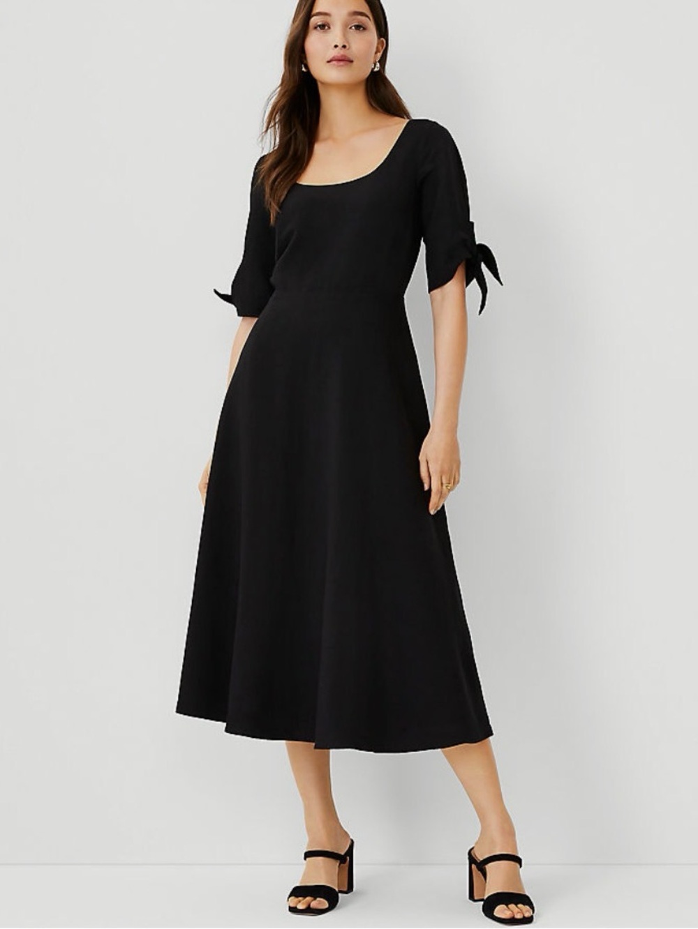 Ann Taylor Scoop Neck Linen Blend Flare Dress Black
